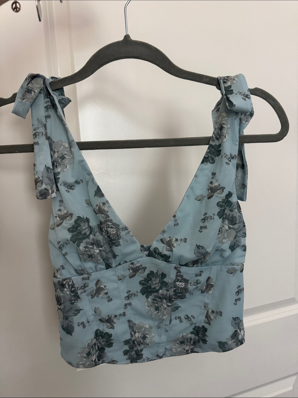 Light Blue Floral Tie-Shoulder V-Neck Crop Top